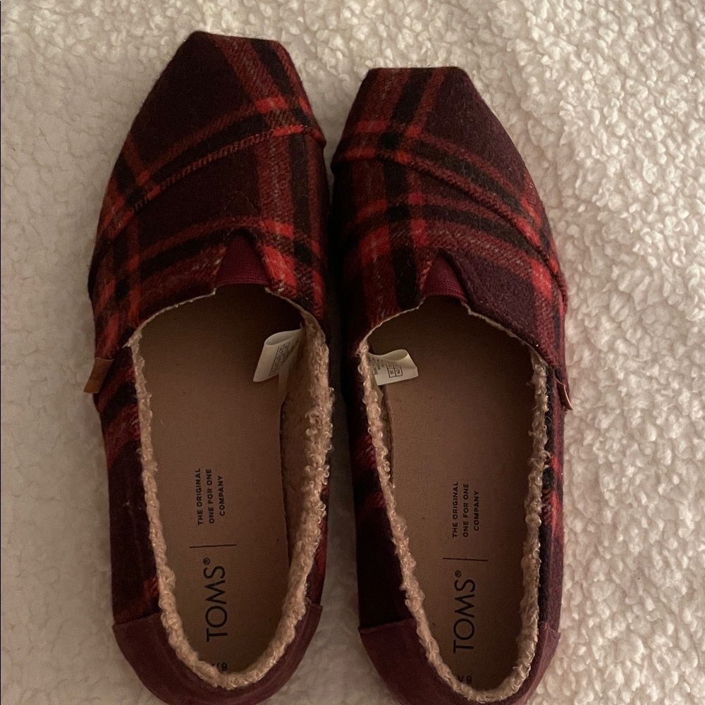 TOMS Red and Black Plaid Slip-Ons